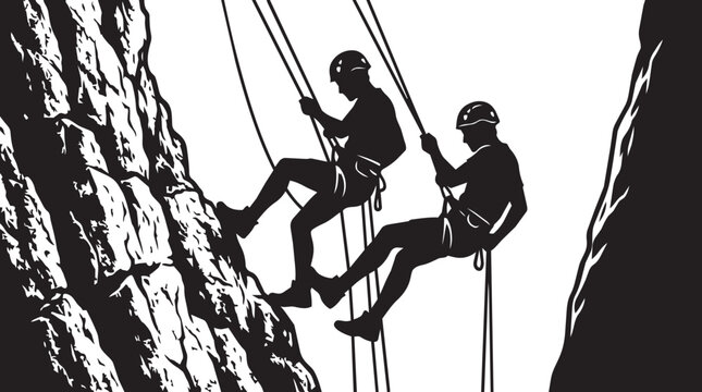 Silhouette of two rock climbers rappelling down a steep cliff face, showing extreme sports adventure and teamwork in nature
