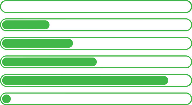 Six horizontal progress bar icons with varying levels of completion isolated on a white background for web user interface