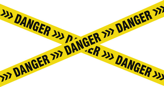Yellow caution tape with black danger text in a crisscross pattern isolated on a white background for safety warning
