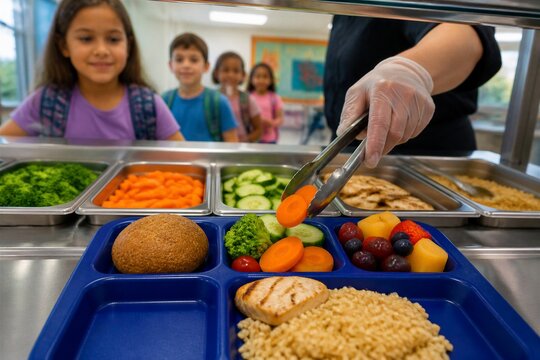 Student receiving school lunch with balanced tray in cafeteria