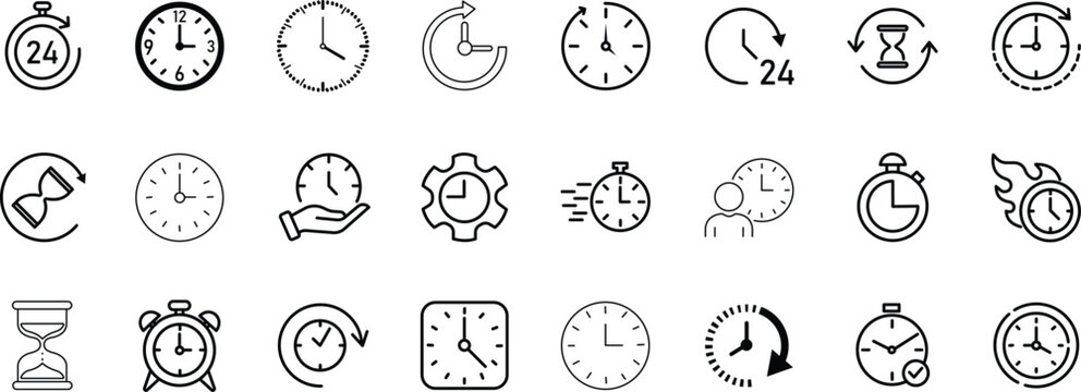 Set of black outline representing time, clocks, watches, timers, and various temporal concepts for digital user interface