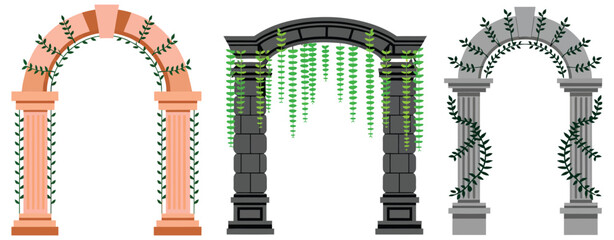 Garden arches vector, climbing vines, classical stone archway, decorative architectural entrance, pink and gray garden gateway illustration © CINCIN