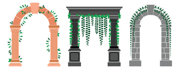Garden arches vector, climbing vines, classical stone archway, decorative architectural entrance, pink and gray garden gateway illustration © CINCIN