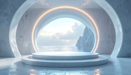 Fototapeta premium Futuristic white marble interior with a circular opening framing a seascape