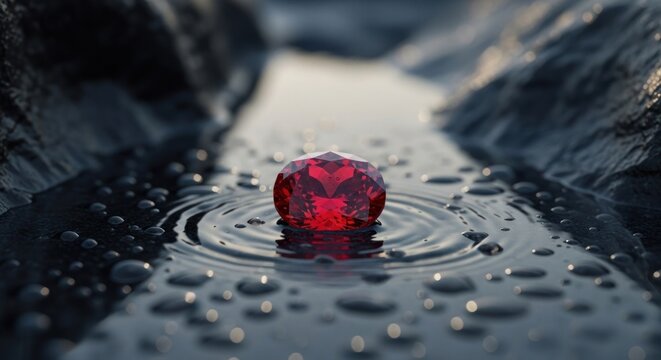 A single faceted red gemstone rests in a shallow stream of water.