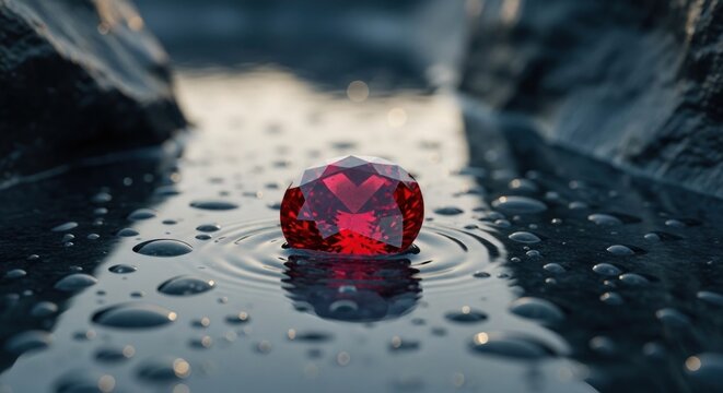 A single vibrant red gemstone rests in the center of a dark, wet surface, creating ripples.