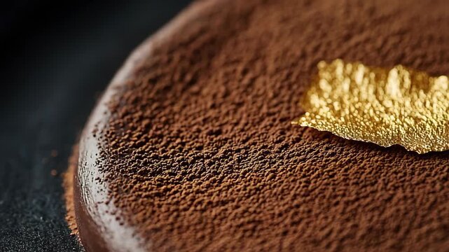 Cocoa powder is sifted over dessert layers while gold leaf is placed on top. Steps of making tiramisu are clear. The kitchen has tools and ingredients ready for use