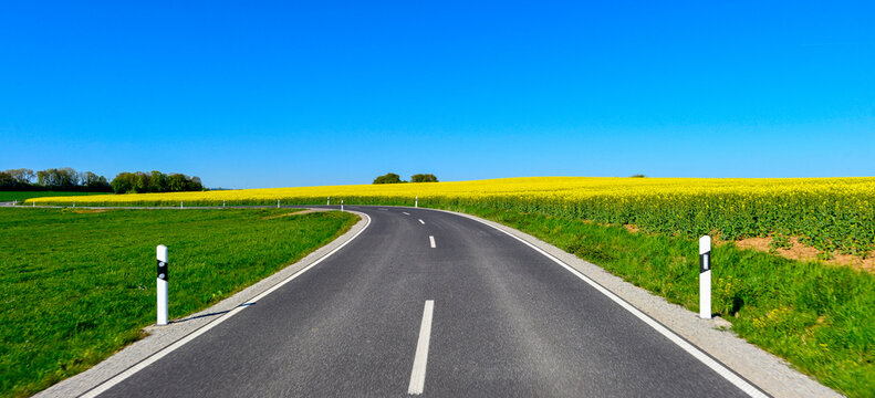 Landstra&szlig;e L3314 vorbei an bl&uuml;henden Rapsfeldern zwischen Wittgenborn und Spielberg in Hessen, Deutschland