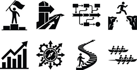 Business Strategy Career Progression and Teamwork Achievement Vector Glyph Icon Set for Corporate Growth © Mst