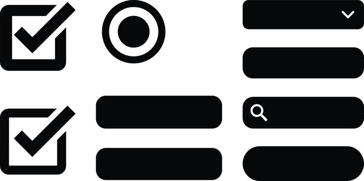 Collection of User Interface Icon Illustrations Featuring Checkboxes, Radio Buttons, Dropdowns, Buttons, Input Fields and Search Bar