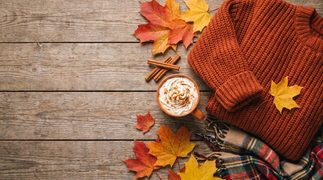 Cozy sweater and autumn leaves next to a warm beverage on wood  