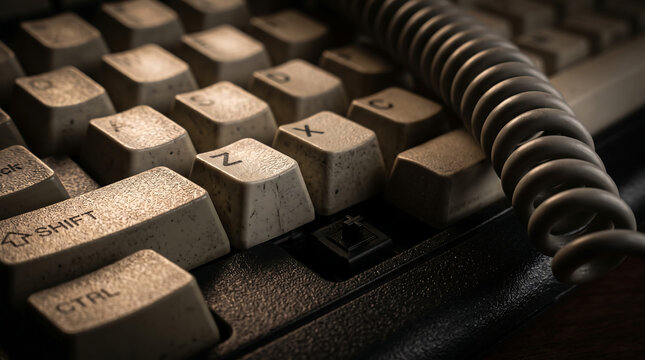 Retro Dusty Mechanical Keyboard Close Up with Missing Keycap and Coiled Cable in Warm Low Light