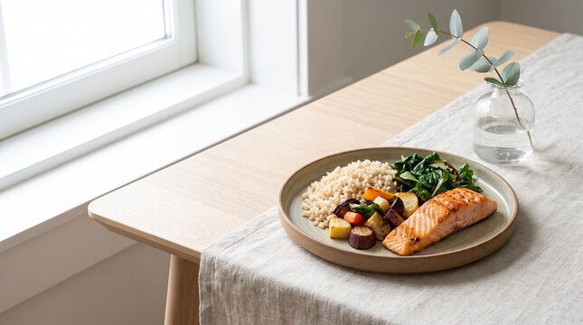 Opened ingredient brown rice dinner with salmon and vegetables on plate  