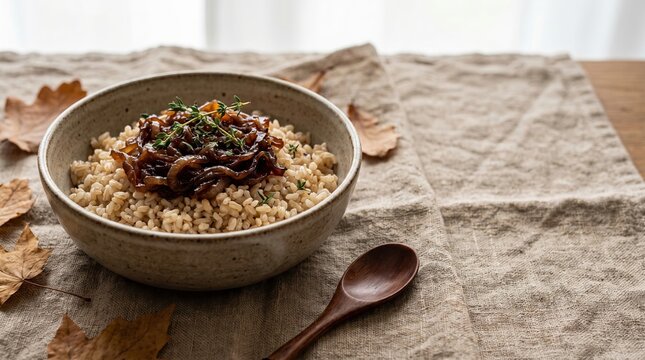 Brown rice with onions and thyme in bowl on textured tablecloth  