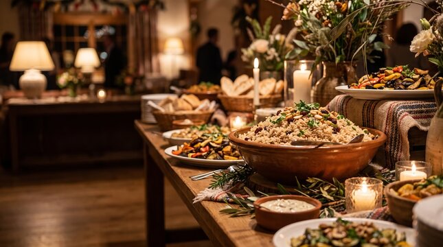 Buffet table with brown rice and assorted dishes in warm ambiance  