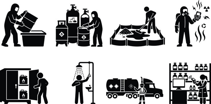 Hazardous materials handling and industrial chemical safety black glyph pictogram icon set representing hazmat workplace procedures