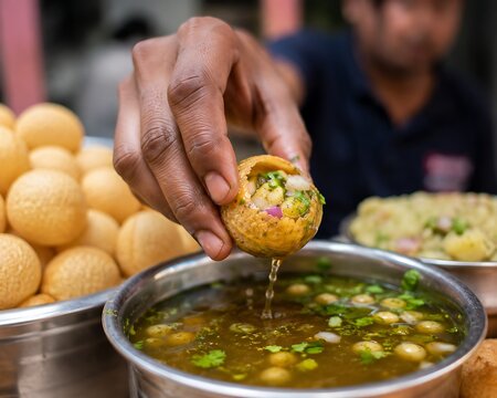 Freshly cracked fuchka being filled with spicy potato mixture and dipped into flavored tamarind water, action food photography, detailed textures, realistic street food scene.