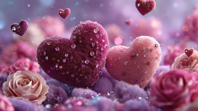 Romantic plush hearts adorned with sparkling gems surrounded by roses and soft textures in dreamy pink and purple hues