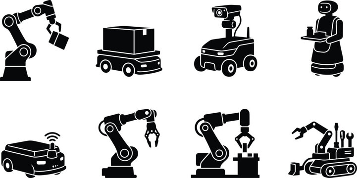Industrial robotics and autonomous delivery warehouse automation vector glyph icon set for smart factory systems