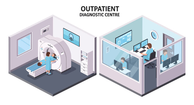 Isometric view of a high-tech outpatient diagnostic center featuring advanced medical imaging devices