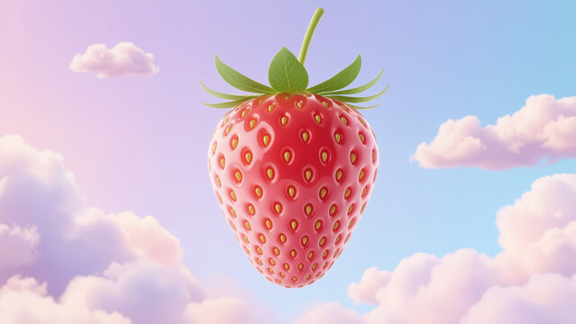 Surreal glossy strawberry floating in a dreamy pastel sky with soft pink clouds, blue background, and whimsical fantasy fruit concept.