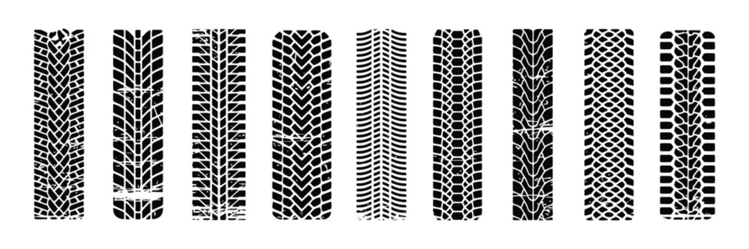 Grunge tire marks vector featuring dirty textured tread tracks, distressed skid patterns, rugged automotive print, and abstract grunge design elements
