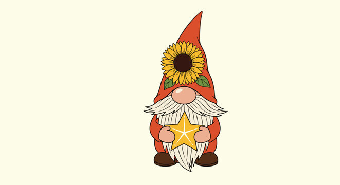Whimsical autumn gnome wearing a tall red hat decorated with a sunflower and green leaves while holding a gold star.