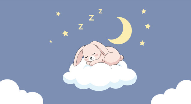 Peaceful scene of a cute pink bunny sleeping soundly on a white fluffy cloud in a starry night sky with a yellow moon.