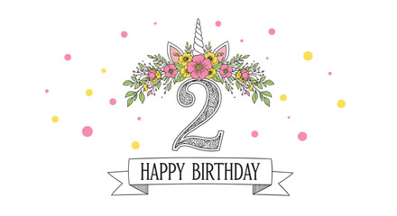 Obraz premium Happy second birthday greeting card featuring a floral unicorn crown and decorative number two on a white background.