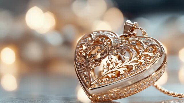 A heart-shaped locket is displayed closely, showing its detailed design. The background has blurred lights, creating a nice glow around the locket
