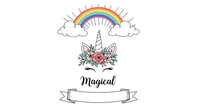Magical unicorn theme with rainbow clouds and flowers including a decorative banner for children parties and festive celebrations.