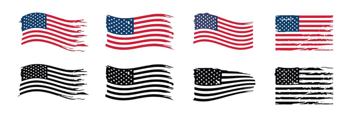 American flag vector with black and white distressed silhouette variations, rugged patriotic design, vintage texture, and USA flag graphics © CINCIN