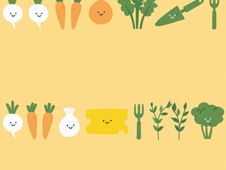 Fototapeta premium A colorful illustration of smiling vegetables and gardening tools on a yellow background
