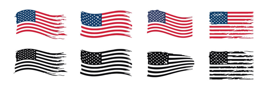 American flag vector with black and white distressed silhouette variations, rugged patriotic design, vintage texture, and USA flag graphics