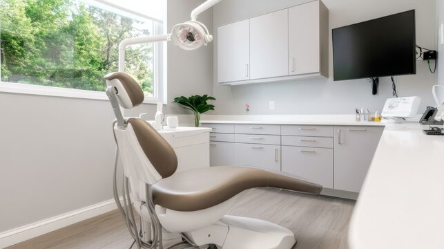 A high-quality photograph of a modern dental exam room. ForegroundSubject A tanbeige dental chair, ergonomic design. Background Whitelight grey cabinetry, a TV on the wall, a large