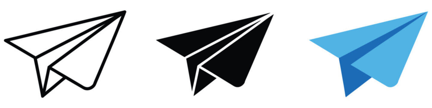 Paper plane icon featuring blue send symbol for messaging, navigation and social communication concepts, vector design