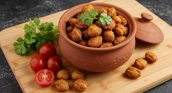 A rustic terracotta pot filled with spiced soya chunks