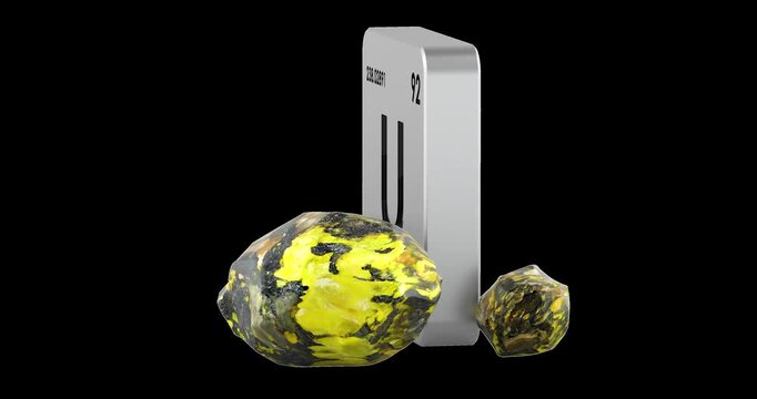 Uranium element tile and radioactive ore rotation animation seamlessly loopable. 3D rendering isolated on transparent background