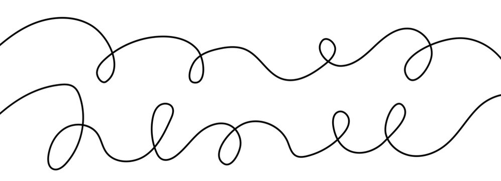 Wavy, curvy, drawing with long abstract curves, thin squiggly cables, and lines for a horizontal border or continuous background element. Organic freehand sketch in black and white, featuring.