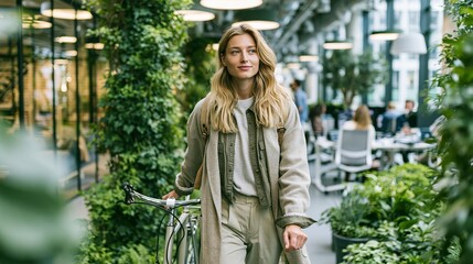 Naklejka premium Woman with bicycle walking through a modern office with lush greenery