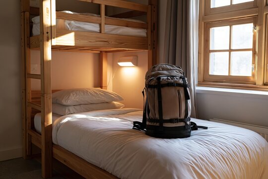 A backpack rests on a neatly made bed in a room with bunk beds and a window