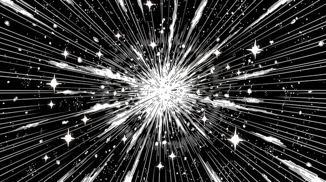 漆黒の背景に、激しい閃光とともに鋭い集中線と無数のきらめく四角星が中央から炸裂する、大迫力でドラマチックな戦闘漫画風の抽象横型背景素材