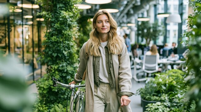 Woman with bicycle walking through a modern office with lush greenery