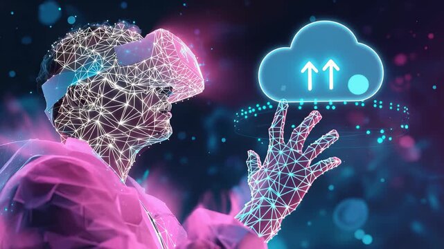 Futuristic scene of a person using virtual reality technology with digital cloud interface in vibrant neon colors