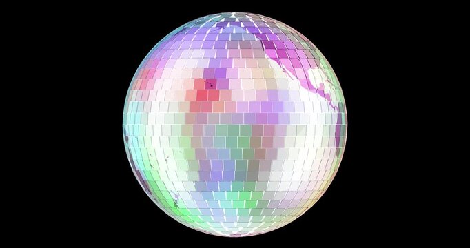 Disco globe mirror ball rotation animation seamlessly loopable. 3D rendering isolated on transparent background
