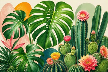 Fototapeta premium Tropical leaves and blooming cacti in botanical illustration