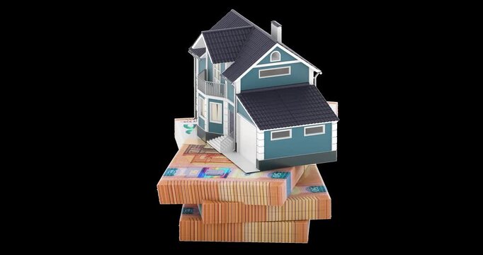 House on euro cash stacks rotation animation seamlessly loopable. 3D rendering isolated on transparent background