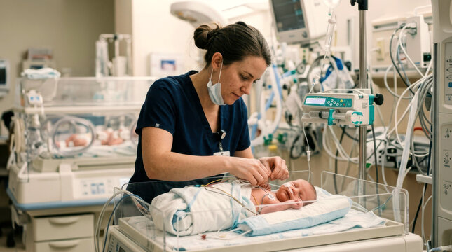 Pediatric specialist beside a cooled infant bed checking sensor wires, wrapped cooling pad and syringe pump, incubator tubing softly blurred in the background, gentle hospital light.