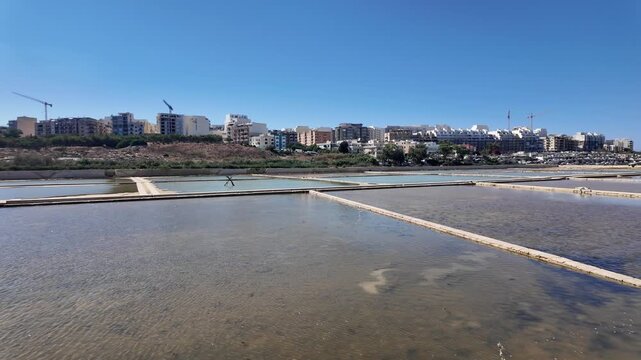 Salina, Malta - 06.07.2026 - Salina Nature Reserve, View of salt pans with buildings to the rear in Salina Bay, Bugibba, Malta.