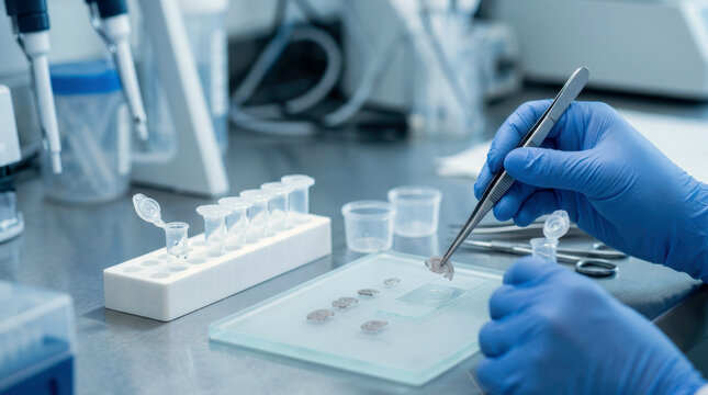 A bench-top tissue mapping station shows a cryostat section tray, specimen cups, labeling-free vials, and gloved hands preparing cortical tissue for sequencing and tracing.